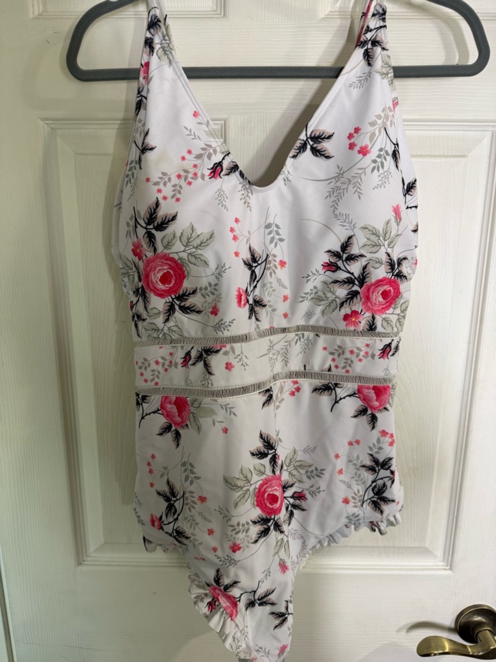 Floral One-Piece Swimsuit in White with Pink Rose Print